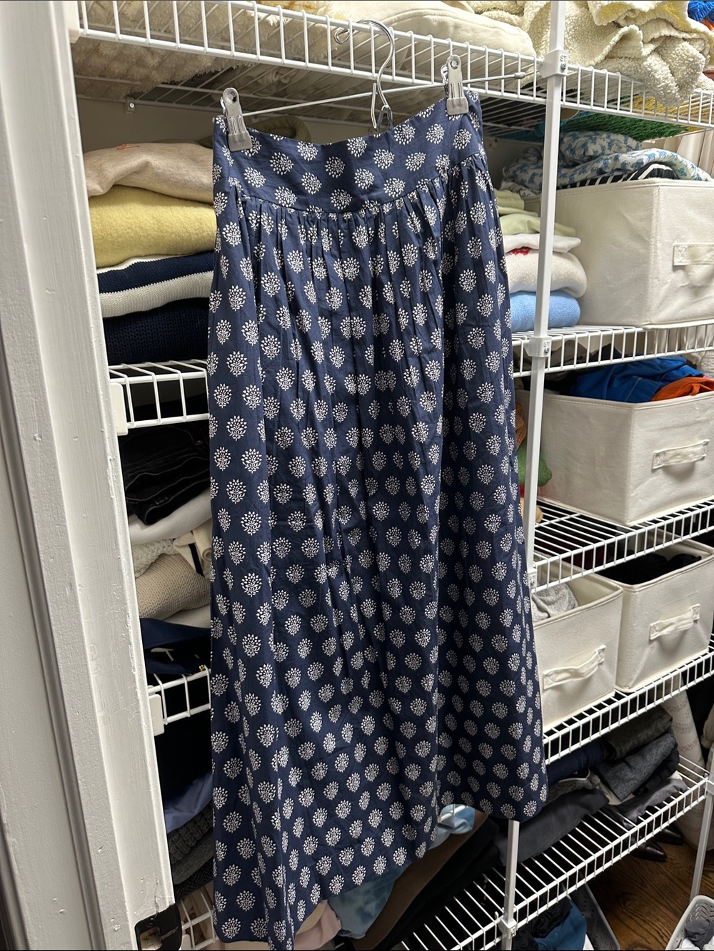 Flowy Navy Blue Printed Maxi Skirt with Gathered Waist